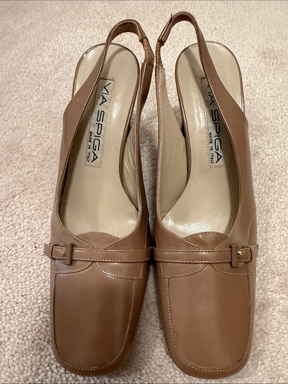 Via Spiga Tan Leather Slingback Heels with Buckle Detail